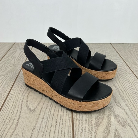 Sorel Women's Cameron Flatform Slingback Sandals US9.5 Black $130 - Picture 1 of 8